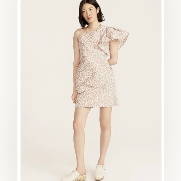 Nwt J.Crew Italian Leopard Ikat One Shoulder Ruffle Dress SZ 4 - Picture 1 of 9